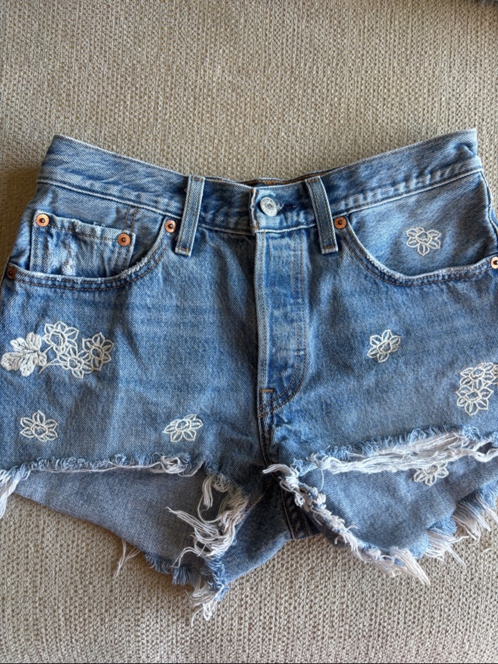 Levi's Blue Denim Floral Embroidered Cutoff Shorts